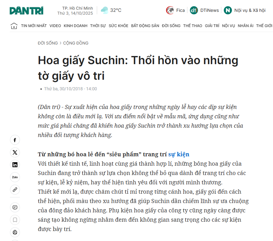 Báo Dân trí nói về Suchin – Thổi hồn vào giấy: Hoa handmade độc đáo