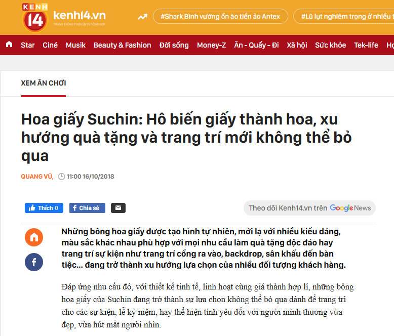 Kenh14 nói về Suchin – Hô biến tờ giấy vô tri thành hoa trang trí độc đáo