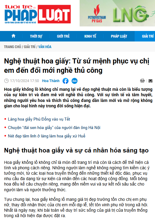 Tuổi trẻ & Pháp luật nói về Suchin – Nghệ thuật hoa giấy & phụ nữ thời hiện đại